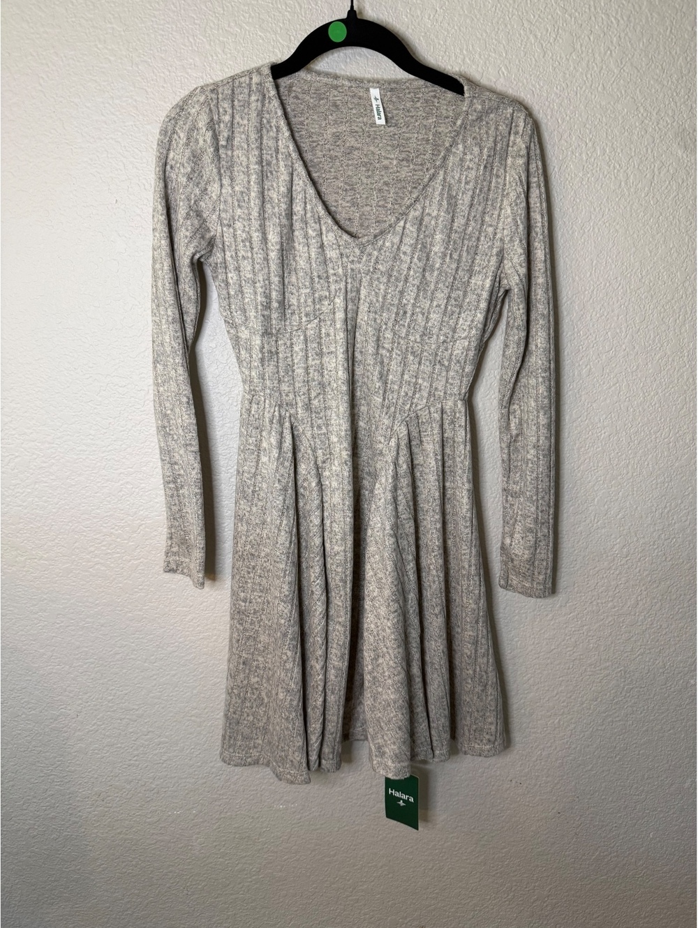 Halara Small Ribbed Knit V Neck Long Sleeve Flare Mini Casual Dress